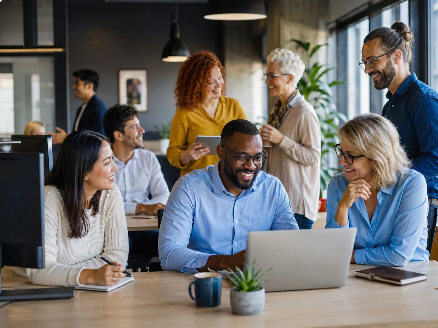Equipe diversa reunida em ambiente corporativo colaborativo, em momento de integração de um programa de bem-estar