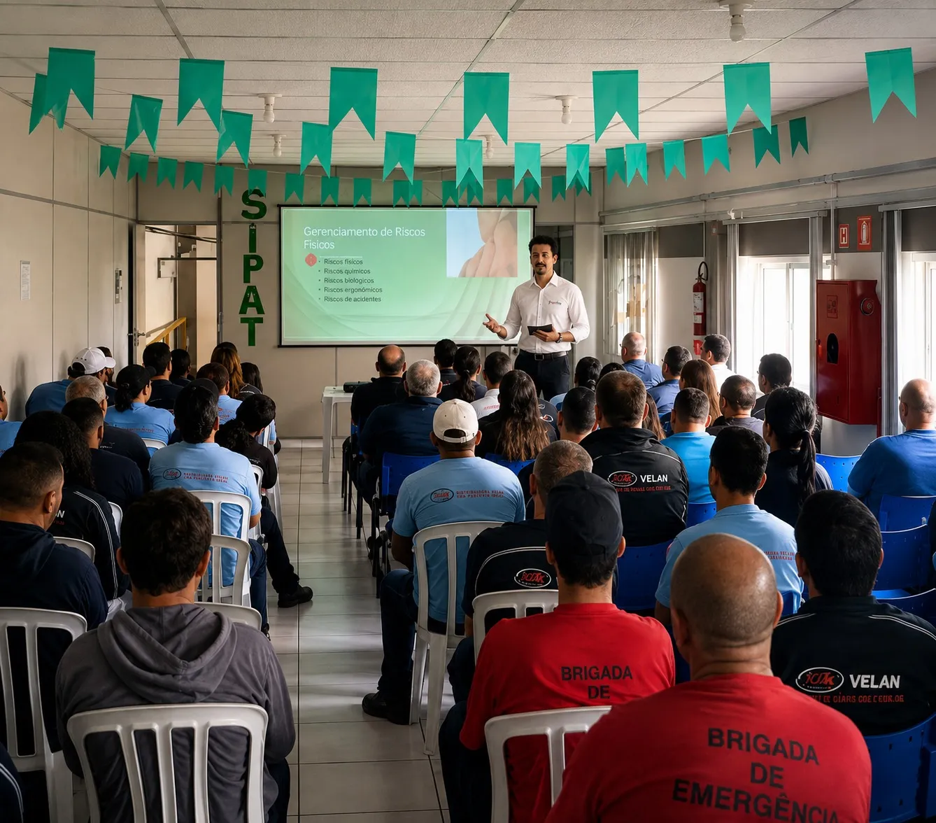 Palestra sobre gerenciamento de riscos para colaboradores reunidos em auditório da empresa durante a SIPAT